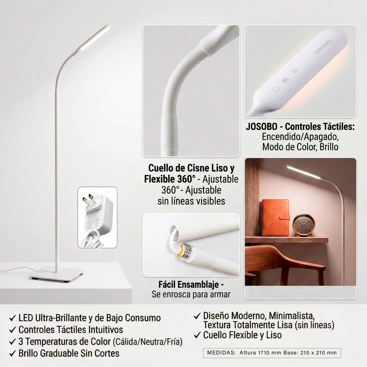 LÁMPARA DE PISO LED CON CUELLO DE CISNE, CONTROL TÁCTIL